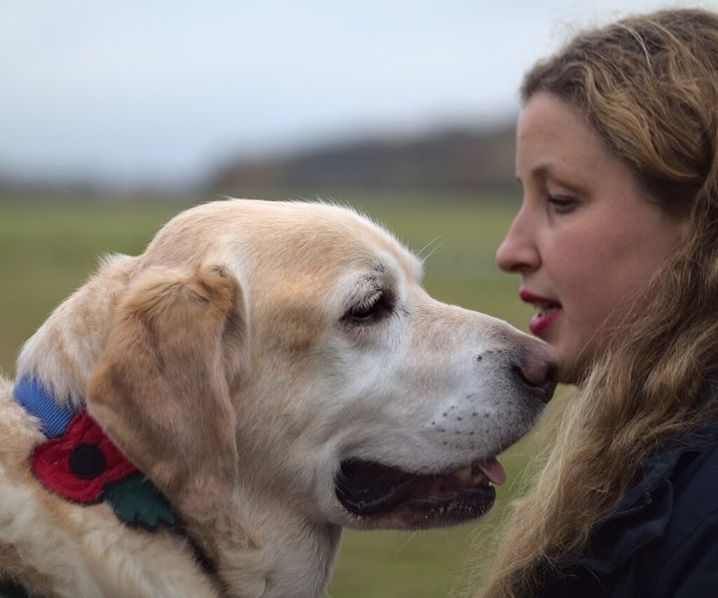 Alice Hunt of Windsor Paws and a golden labrador wearing a poppy